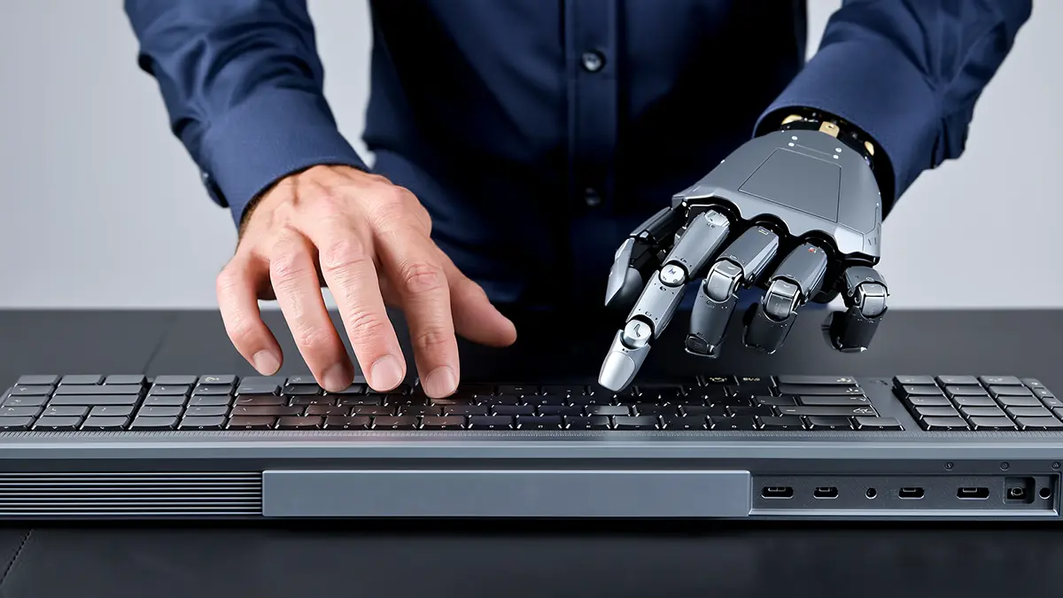 Eine menschliche und eine künstliche Hand schreiben zusammen